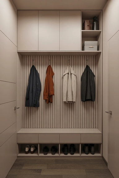 Floor-to-Ceiling Vertical Panel with Integrated Hooks and Cabinets