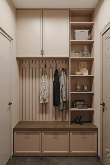 23 Mudroom Storage Ideas for Small Homes 5 Layered Upper Cabinet System Above Hook Rail