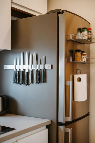 22 Genius Tiny Kitchen Storage Without Cabinets 5 Magnetic Knife Strips and Fridge-Side Organizers