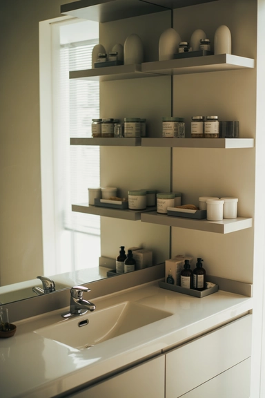 21 Vanity Organization Ideas for Small Spaces 5 Wall-Mounted Shelves Above the Vanity