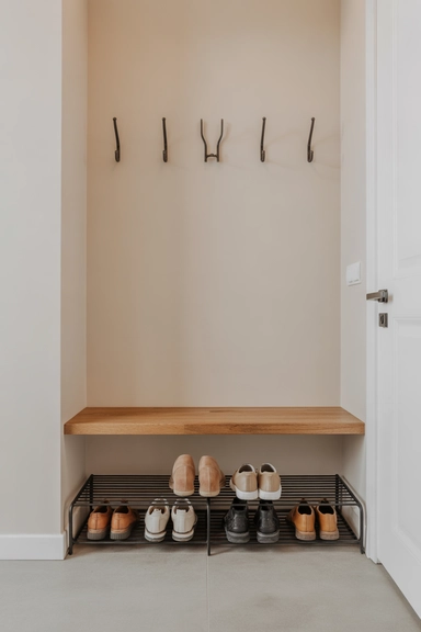 23 Mudroom Storage Ideas for Small Homes 6 Floating Bench with Structured Shoe Grid Platform