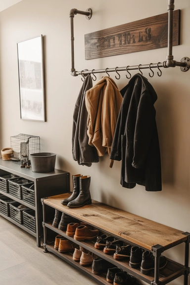 Industrial Pipe Coat Rack with Wooden Shoe Shelf