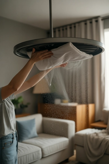 15 Living Room Cleaning Hacks for a Tidier Space 6 Pillowcase Over Fan Blades Catches Dust Without Spreading It