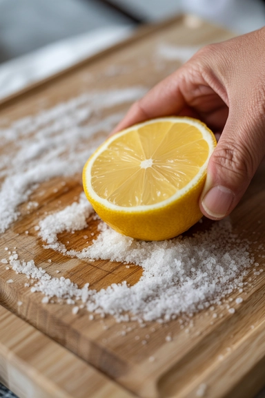 Non Toxic Cleaning Hacks for a Safer Home 5 Salt and Lemon on Wooden Cutting Boards