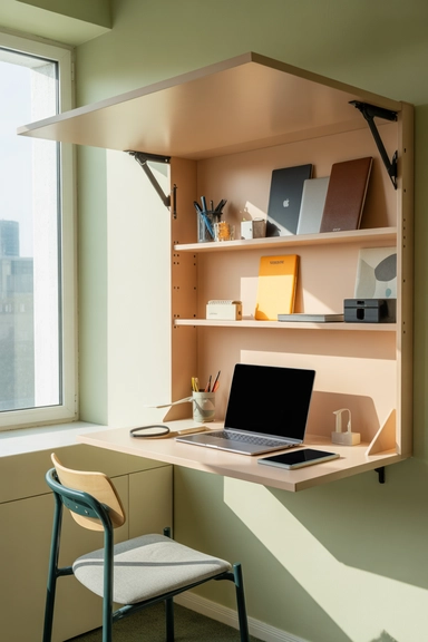 Wall-Mounted Fold-Down Desk with Interior Shelves