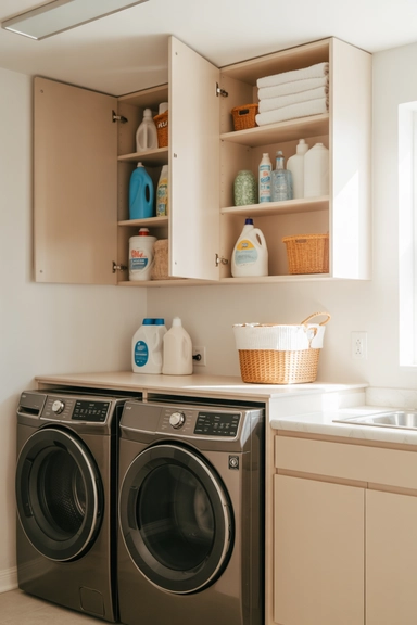 21 Smart Laundry Room Storage Ideas That Save Space 7 Overhead Cabinets for Hidden Laundry Storage