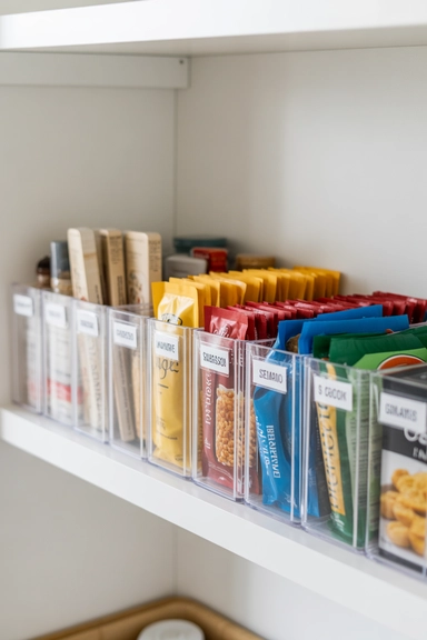22 Pantry Shelf Organization Ideas That Work 7 Clear Front Bins That Contain Small Packets