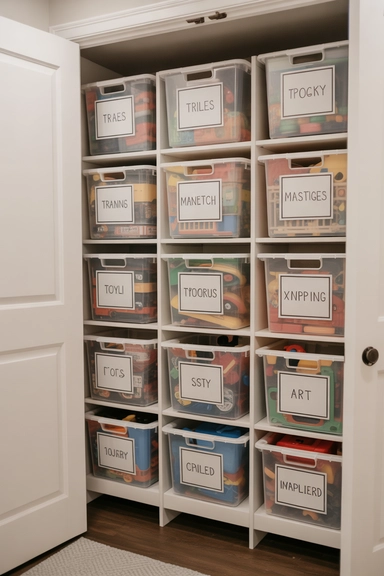 Labeled Storage Totes in a Dedicated Rotation Closet