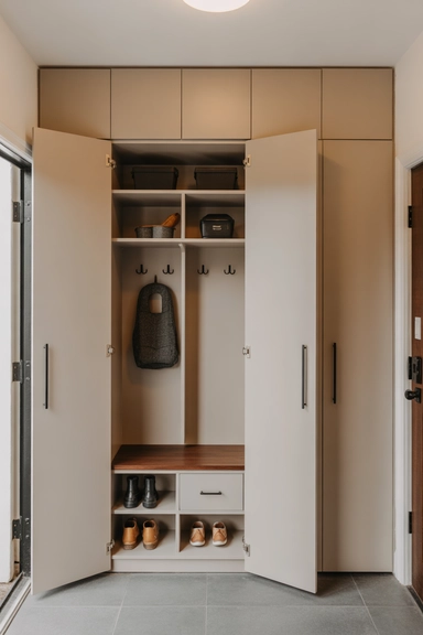 23 Mudroom Storage Ideas for Small Homes 7 Sliding Door Mudroom Cabinet System to Conceal Visual Clutter