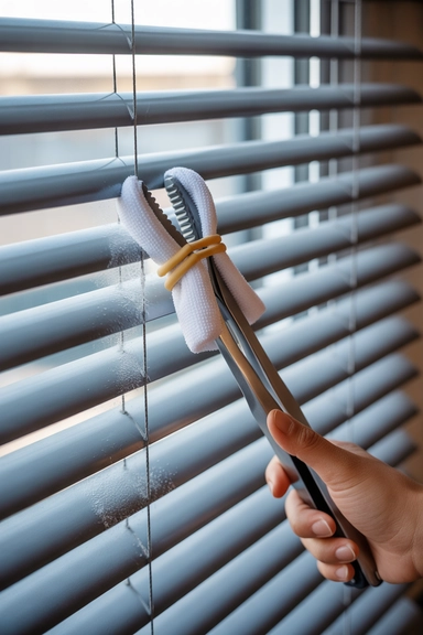 21 Dusting Hacks to Keep Your Home Dust Free 7 Use Kitchen Tongs Wrapped in Microfiber for Blinds