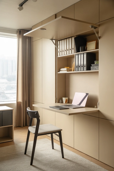 Wall-Mounted Fold-Down Desk With Hidden Cabinet Interior
