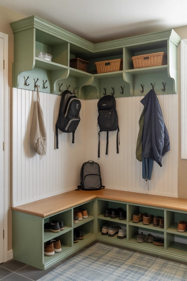 23 Mudroom Storage Ideas for Small Homes 8 Corner-Optimized Mudroom Bench with Angled Storage
