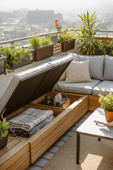 22 Small Balcony Storage Ideas That Add Space 8 Under-Seat Storage Built Into Outdoor Sofas
