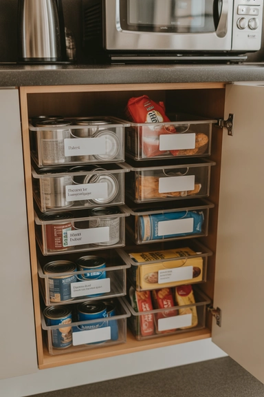 Use Stackable Clear Bins Inside Lower Cabinets