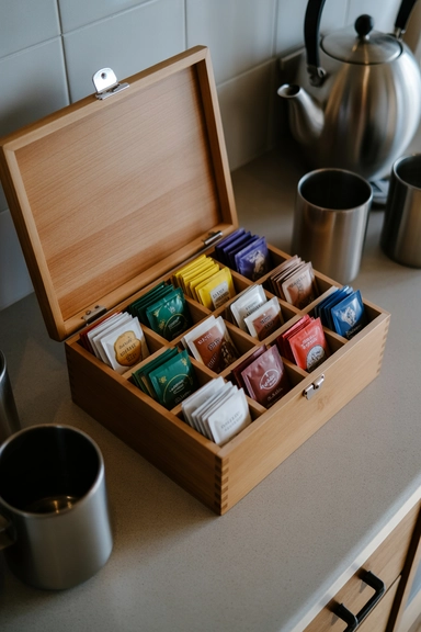 21 Tea Station Organization Ideas for a Cozy & Tidy Setup 9 Wooden Tea Box Organizer