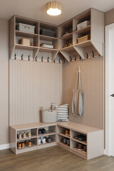 Corner Coat Rack Bench Combination for Tight Entryways