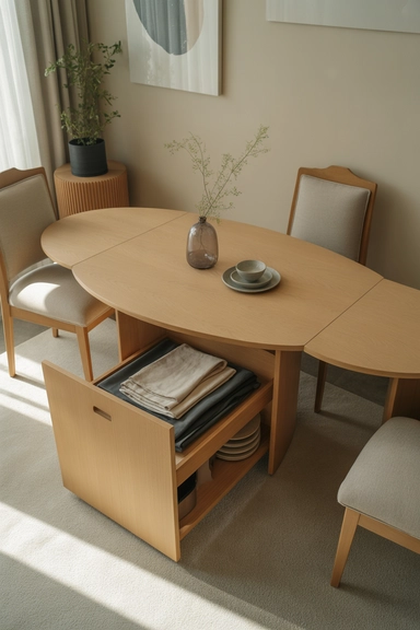 Expandable Dining Table with Concealed Storage Base