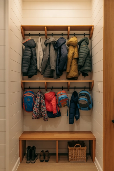 23 Mudroom Storage Ideas for Small Homes 9 Multi-Tier Hanging System with Dedicated Height Zoning