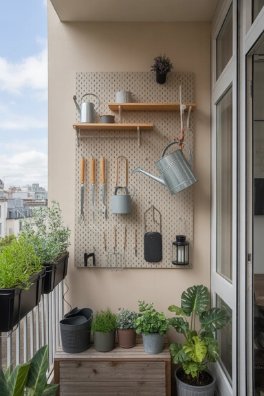 22 Small Balcony Storage Ideas That Add Space 9 Vertical Pegboard Wall for Tools and Accessories