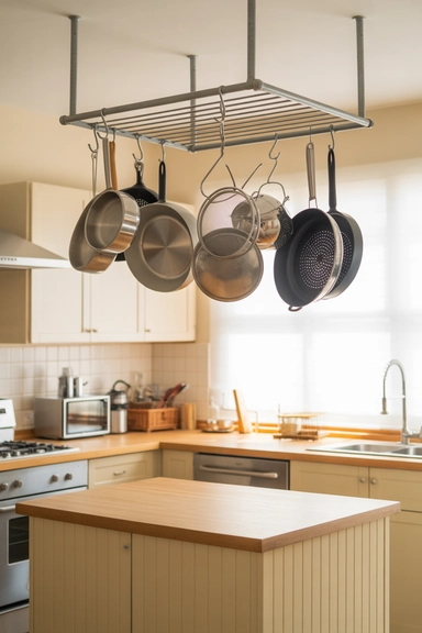 22 Genius Tiny Kitchen Storage Without Cabinets 10 Ceiling-Mounted Pot Rack for Vertical Drama