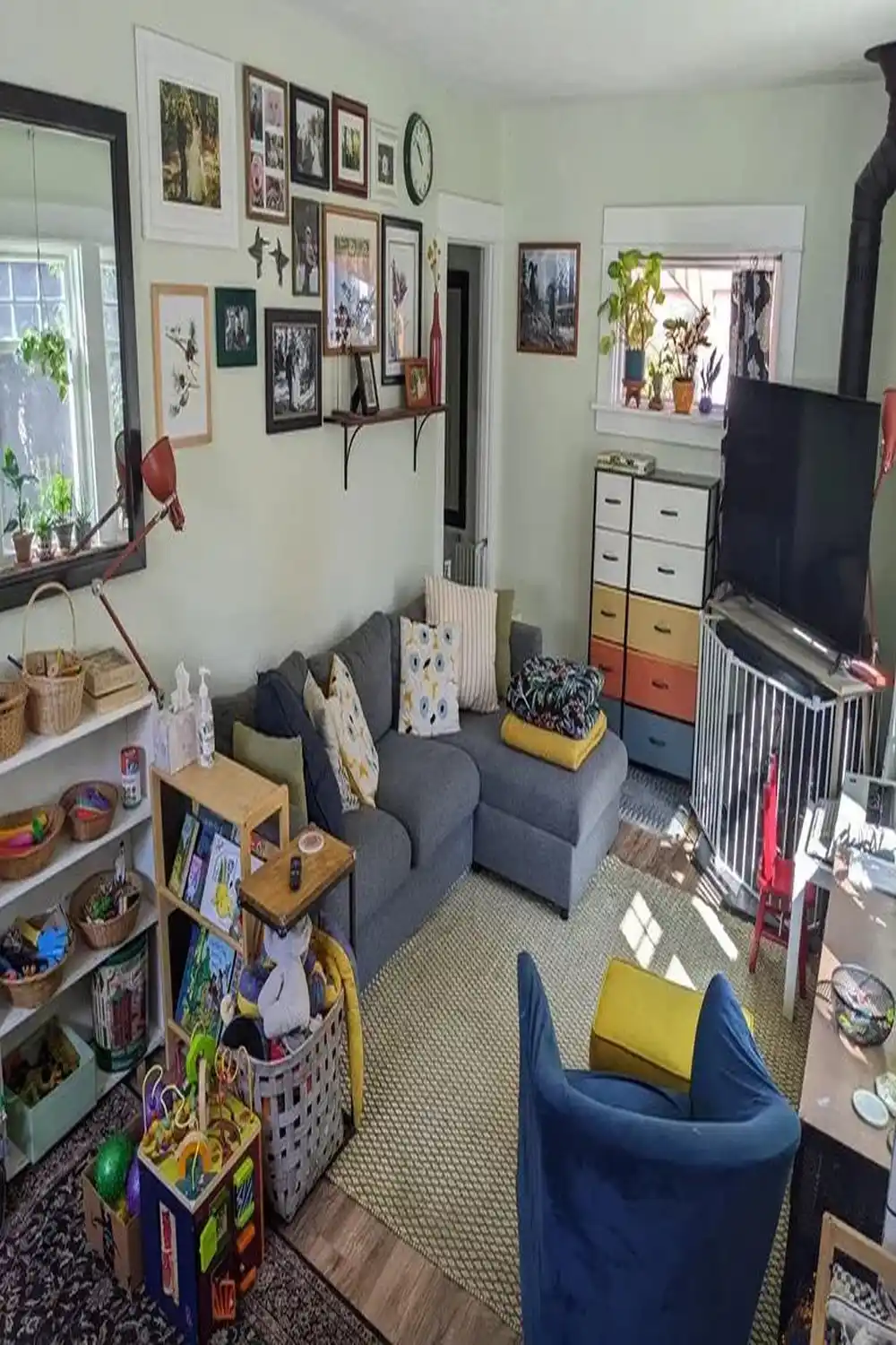 cluttered living room with too many items and overcrowded space