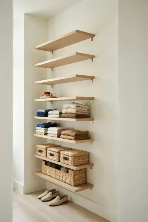 23 Small Closet Organization Ideas That Maximize Every Inch 3 Shallow Shelves Along One Wall Instead of Deep Ones