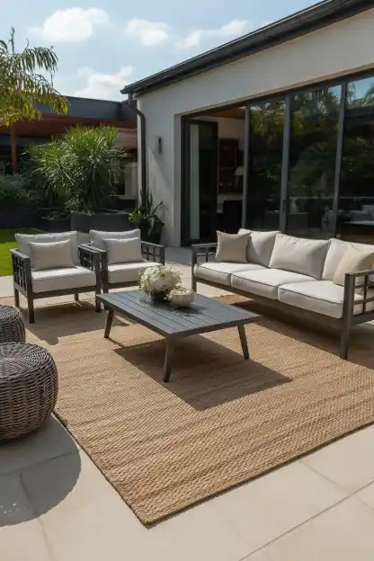15 Backyard Lounge Ideas for a Relaxing Outdoor Setup 4 A Rug That Defines the Space