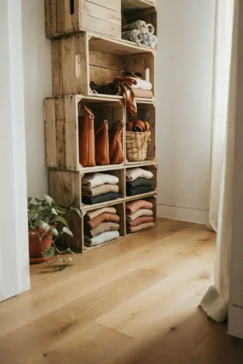 27 DIY Closet Organization Ideas Anyone Can Build 4 Wooden Crate Shelving That Shows Your Clothes