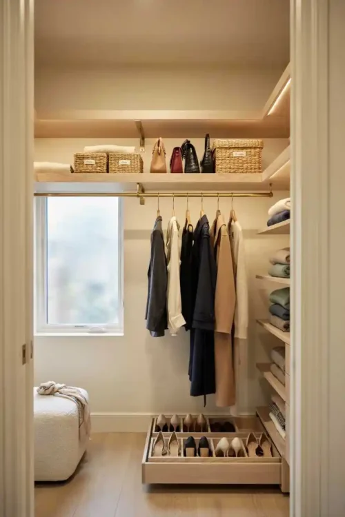23 Small Closet Organization Ideas That Maximize Every Inch 5 Over-the-Rod Shelf for Off-Season Items