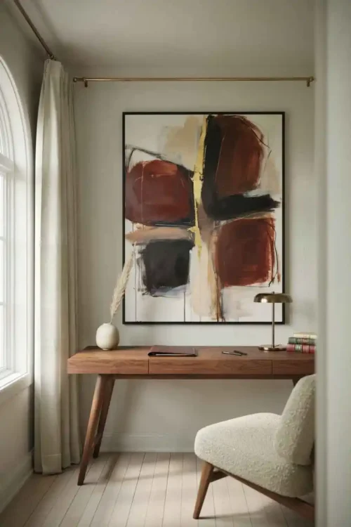 21 Home Office Interior Design Ideas for Small Rooms 9 The Single Large Art Piece Instead of Gallery Wall
