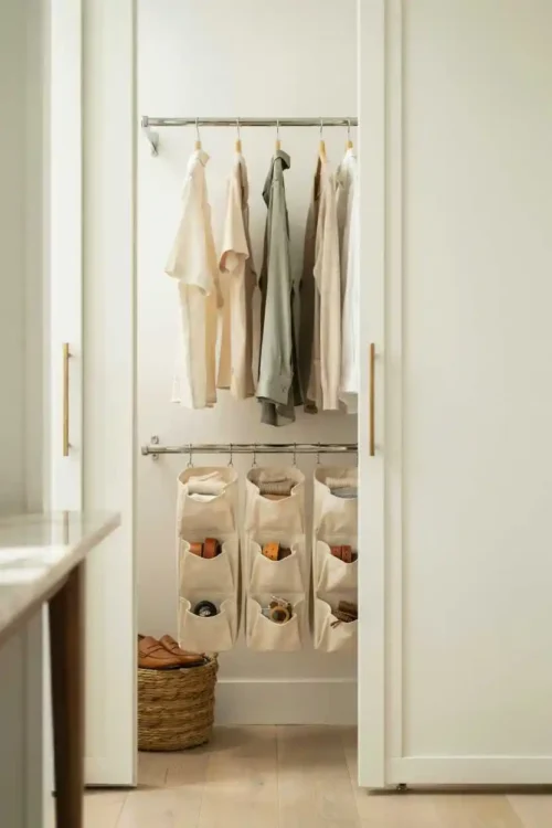 23 Small Closet Organization Ideas That Maximize Every Inch 12 Tension Rods Across Narrow Gaps for Hanging Space