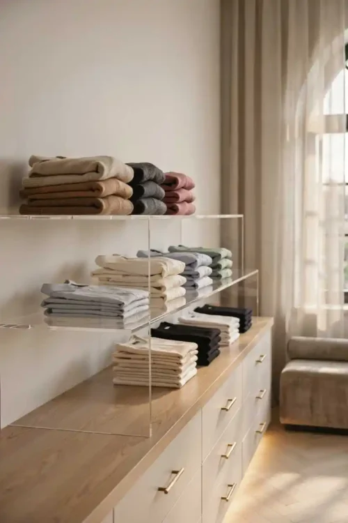 Tiered Shelf Risers Reveal Hidden Folded Items