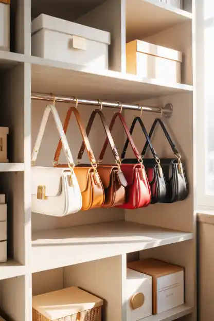 23 Closet Organization Tips and Tricks That Actually Work 14 Using Tension Rods Horizontally for Clutches and Bags