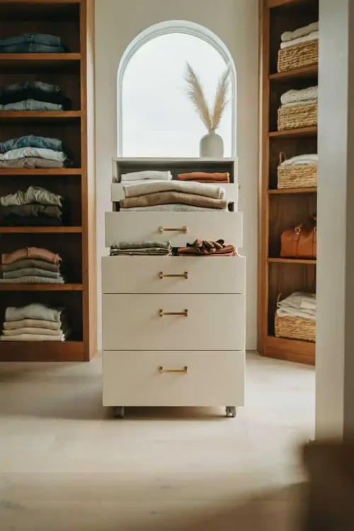 27 DIY Closet Organization Ideas Anyone Can Build 15 Slim Rolling Cart for Seasonal Flexibility