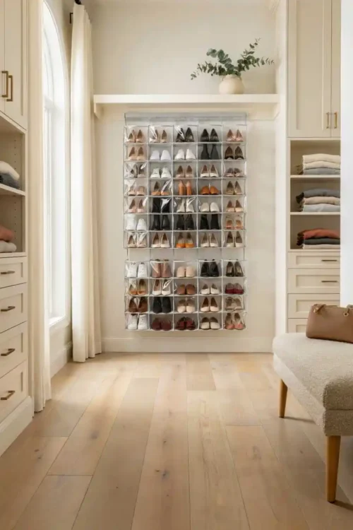 27 DIY Closet Organization Ideas Anyone Can Build 16 Back Wall Hanging Organizer for Floor-Level Shoes