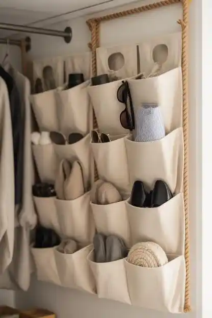 Canvas Pocket Organizer Hanging From Rope Under Twenty Dollars