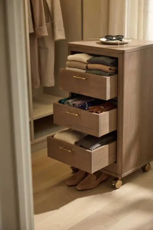 23 Small Closet Organization Ideas That Maximize Every Inch 19 Rolling Cart for Flexible Seasonal Storage