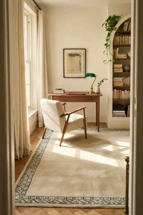 21 Home Office Interior Design Ideas for Small Rooms 19 The Rug That Defines the Workspace