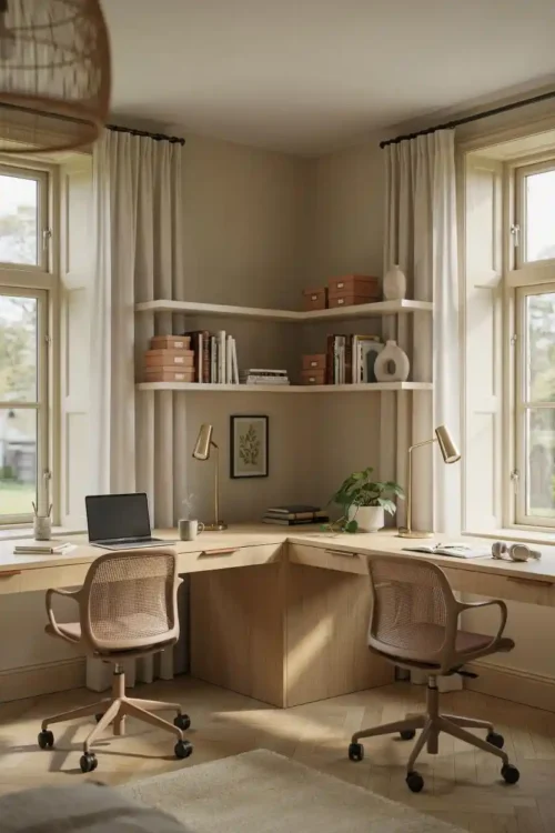 Desks on Adjacent Walls With Angled Chairs