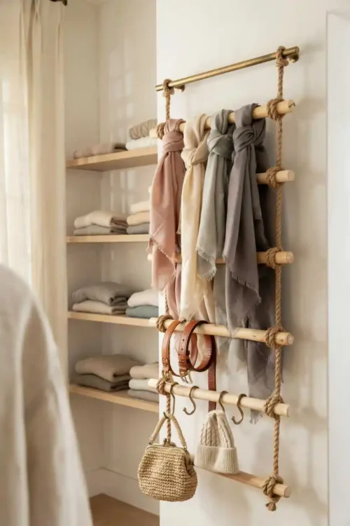 23 Small Closet Organization Ideas That Maximize Every Inch 21 Rope and Dowel Organizer Hanging From Your Rod