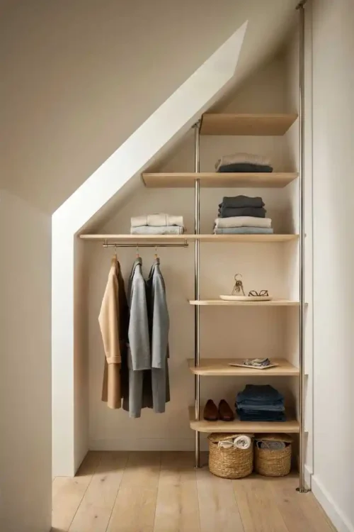 27 DIY Closet Organization Ideas Anyone Can Build 23 Vertical Tension Rod Shelving for Angled Spaces