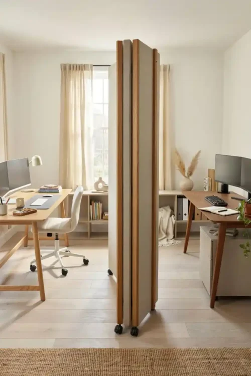 Desks Separated by a Rolling Room Divider