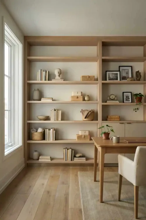 18 Home Office Decor Ideas for a Stylish Workspace 6 Floating Shelves Styled With Books and Objects