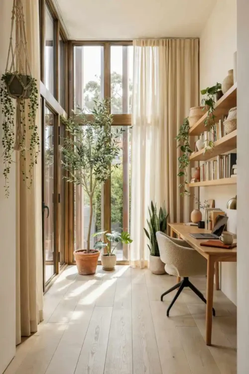 18 Home Office Decor Ideas for a Stylish Workspace 4 Real Plants in Corners and on Shelving