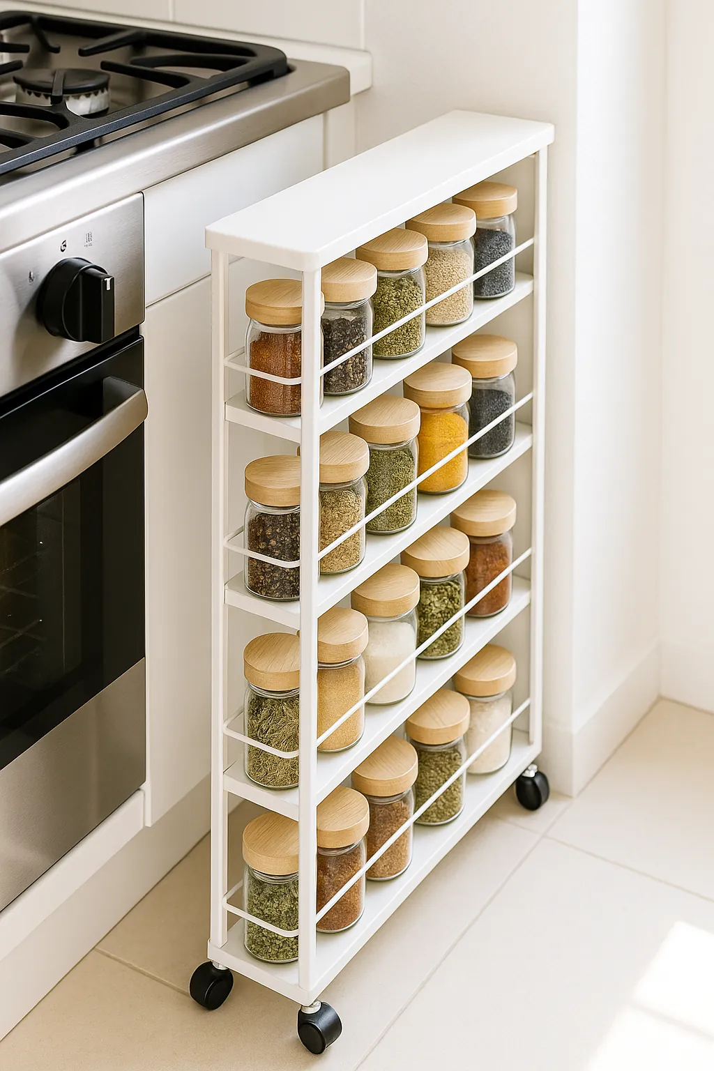 A Narrow Pull-Out Cabinet Between the Stove and Wall